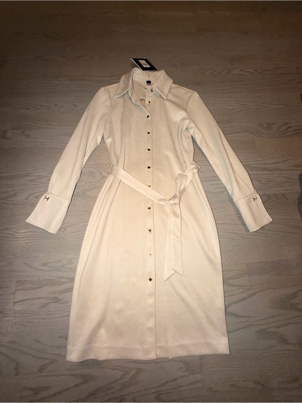H by Halston Cream Long Sleeve Button-Front Shirt Dress with Tie Belt